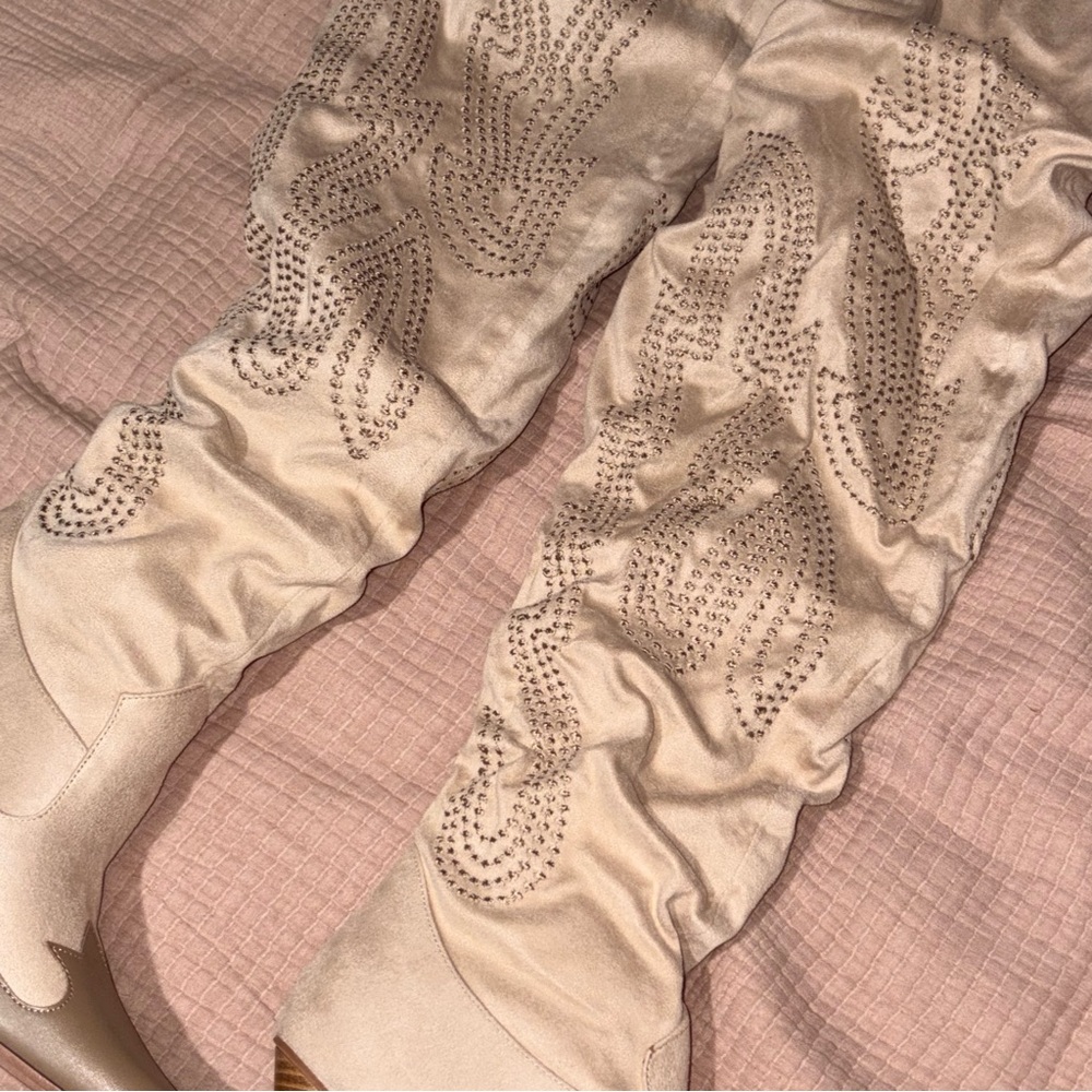 Iconic Country Western Thigh high Cowgirl Boots Cream Taupe Trim Size 9 - Picture 3 of 5